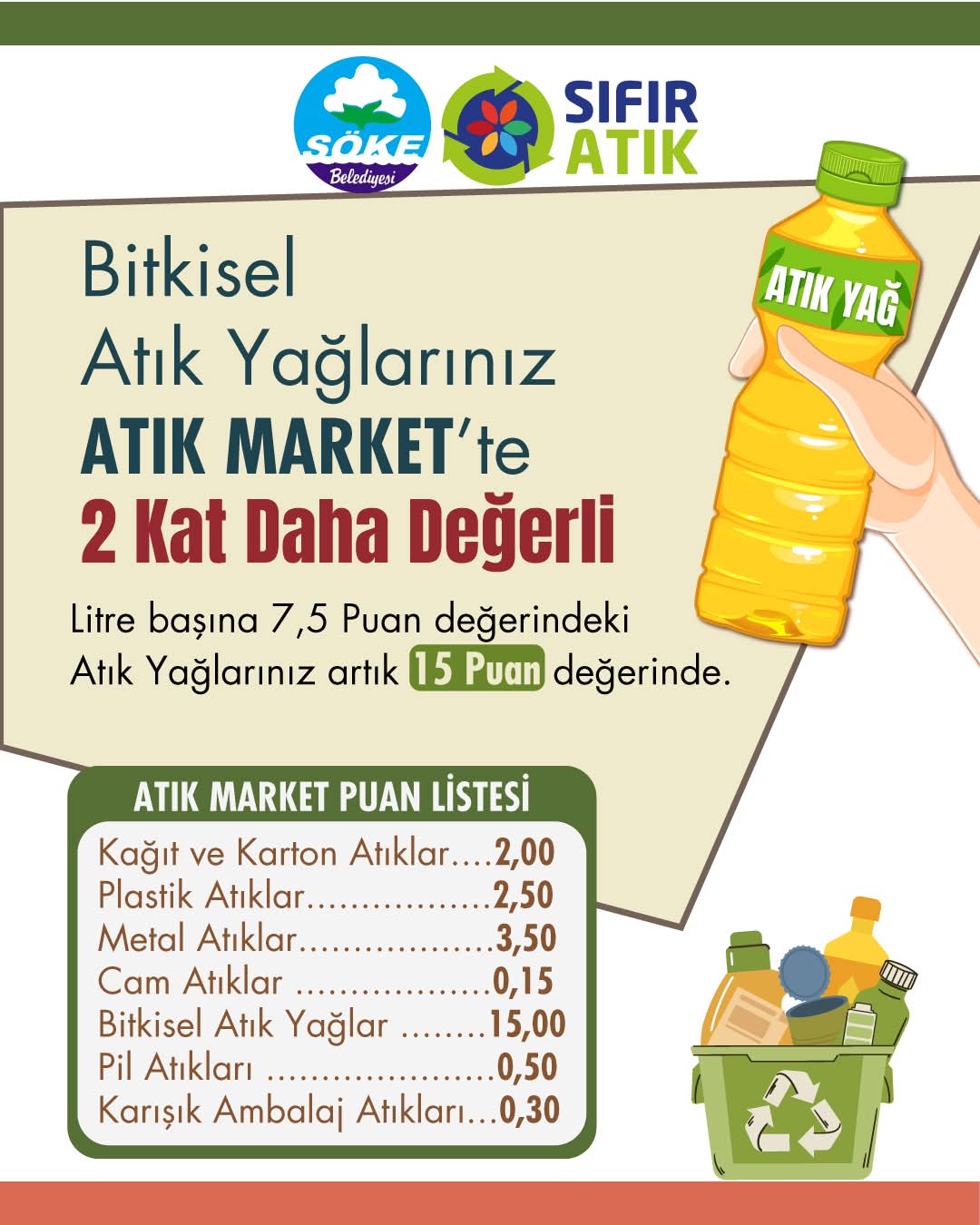 Söke Belediyesi atık markete, atık yağ getiren daha fazla kazanacak