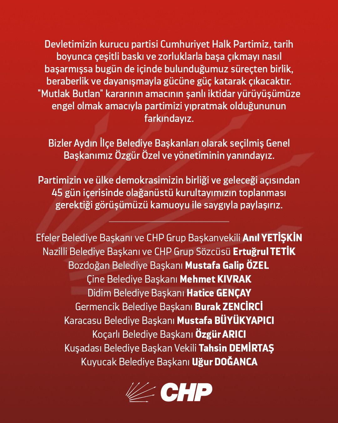 Aydın’da CHP’li Belediye Başkanlarından ortak açıklama: “Yargı kararı yıpratma amaçlı, 45 gün içinde kurultay toplanmalı”