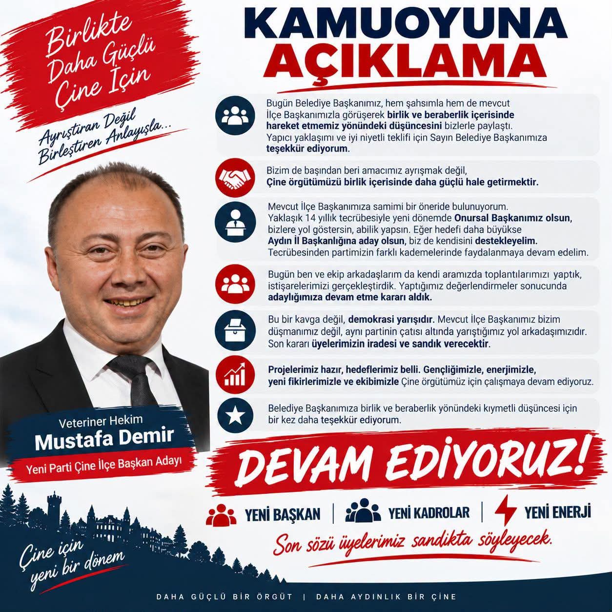 Mustafa Demir’den kamuoyuna açıklama: “Adaylığımıza devam ediyoruz”